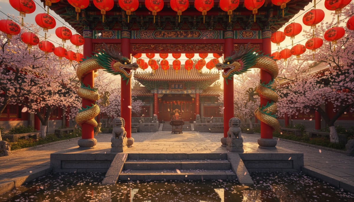 Traditional Chinese temple entrance at golden hour, red paper lanterns hanging in rows, dragon sculp