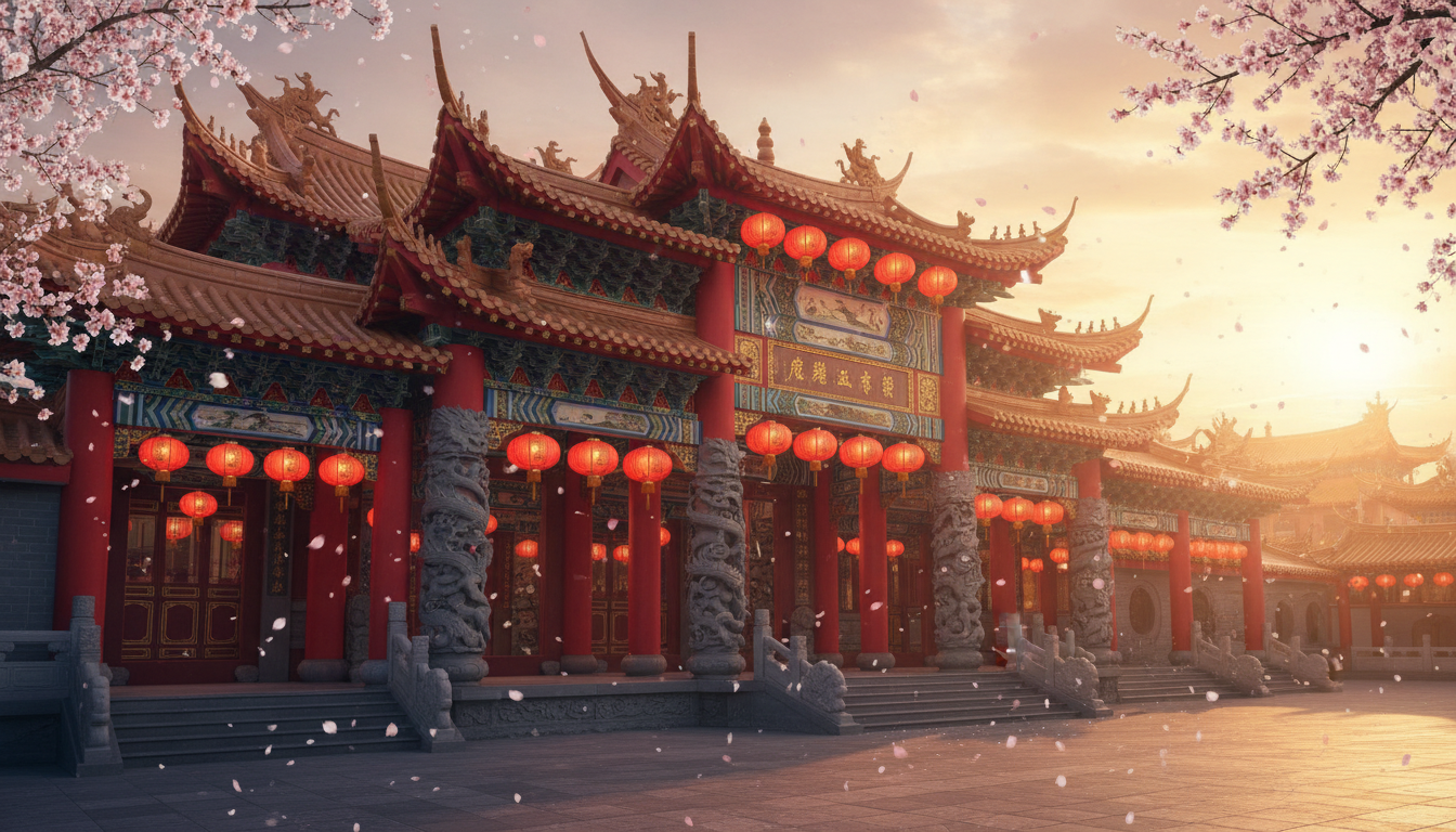 Traditional Chinese temple entrance at golden hour, red paper lanterns hanging in rows, dragon sculp