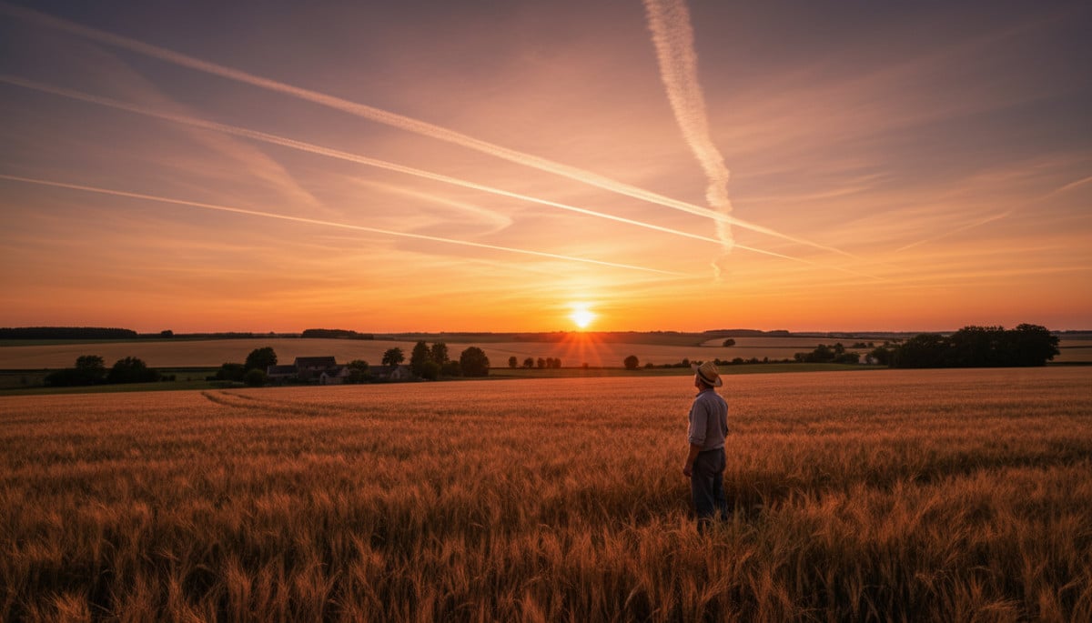 Traînées d'avions au coucher du soleil sur la campagne française