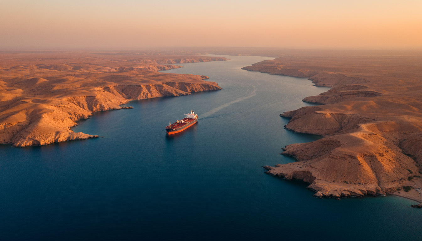 Vue aérienne du détroit d'Ormuz avec un pétrolier