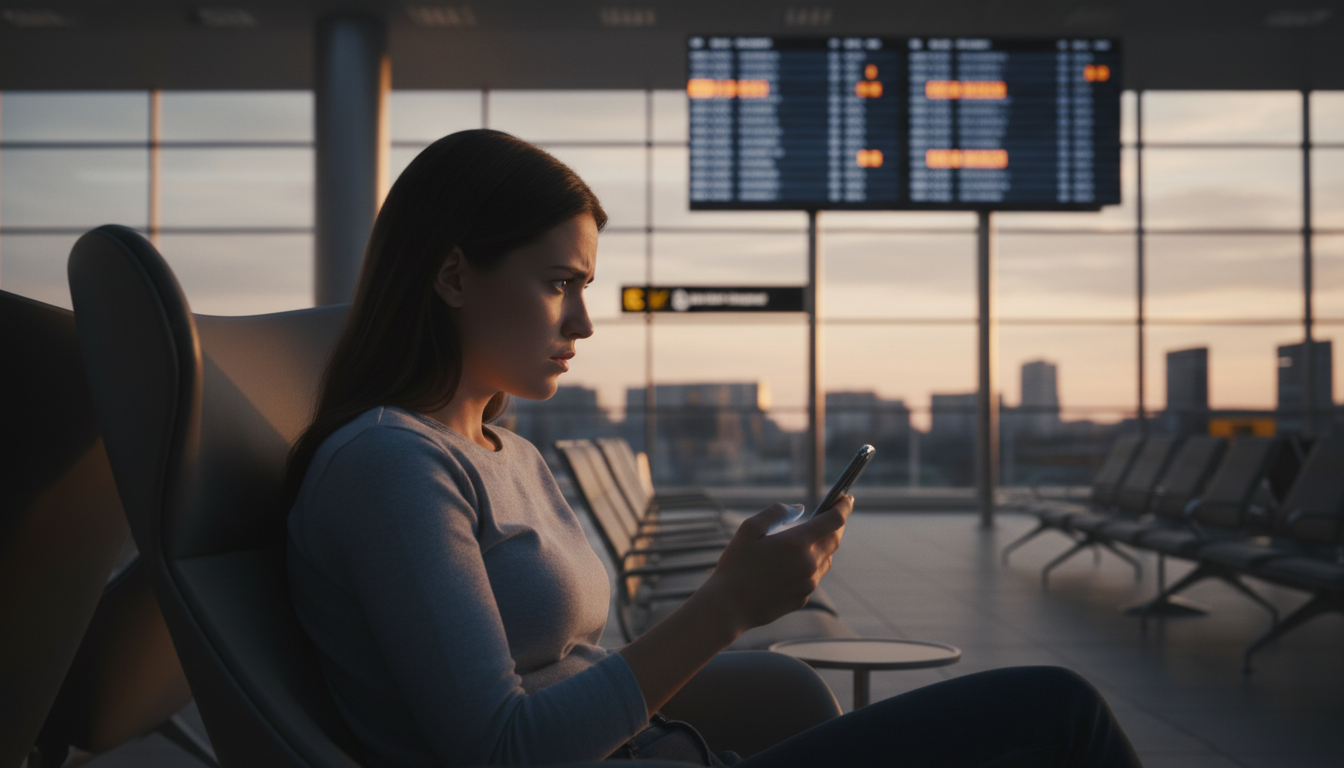 Voyageuse inquiète consultant son téléphone à l'aéroport