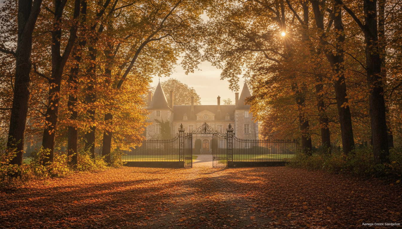 Domaine de Douchy, propriété familiale des Delon en automne, grilles entrebâillées et feuilles mortes