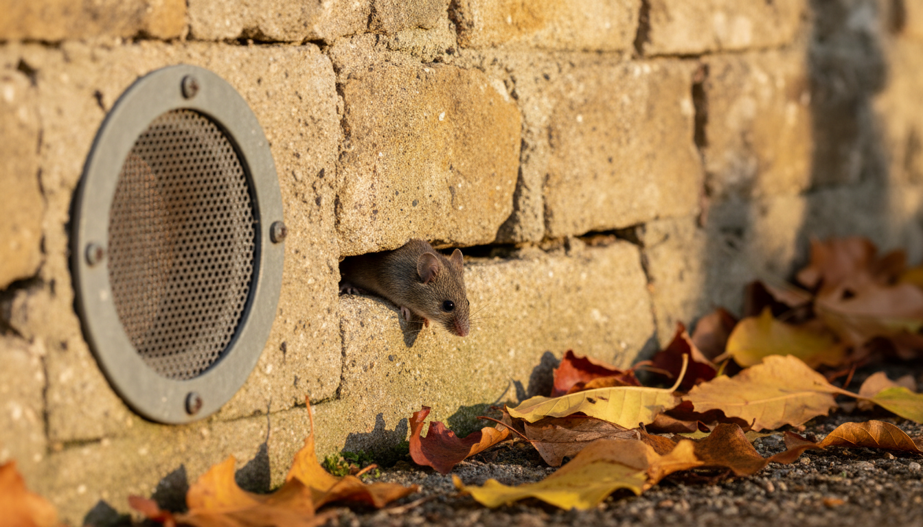 Souris se faufilant dans une fissure de façade en automne
