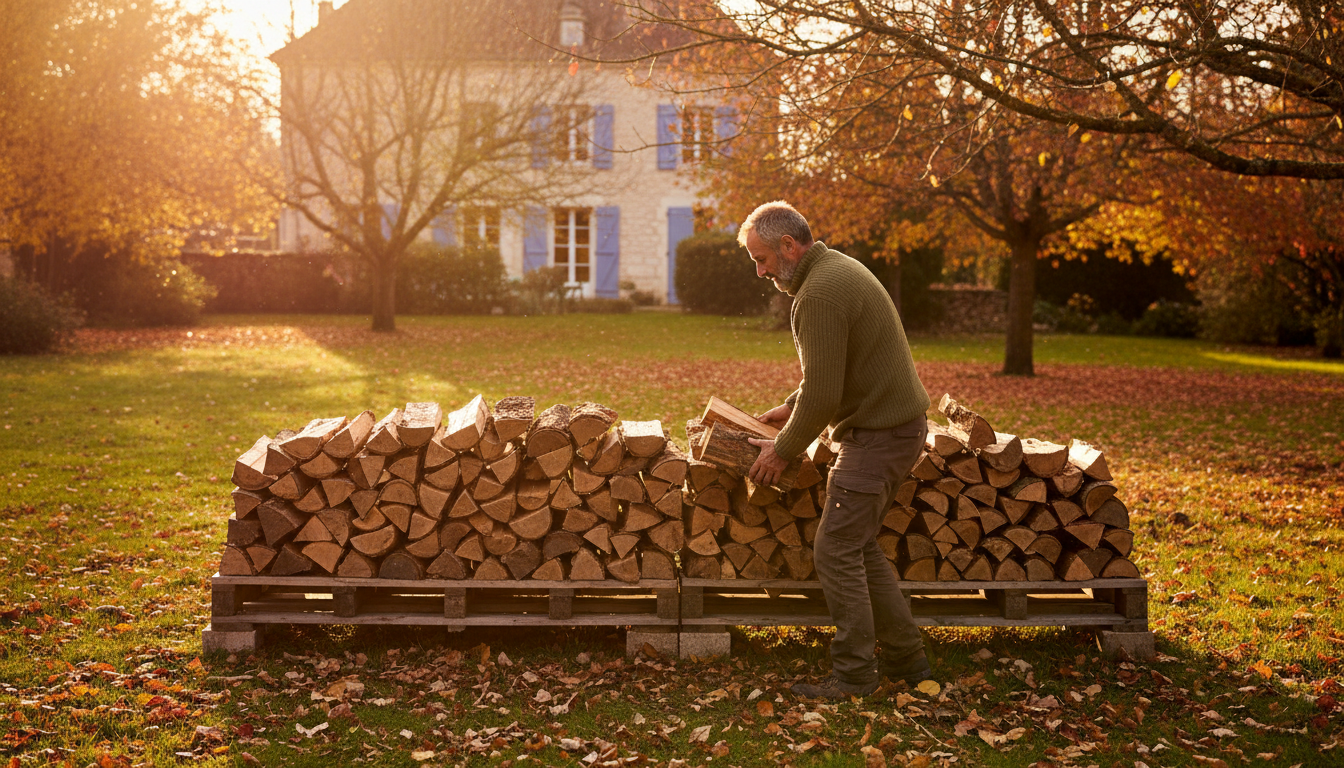 Jardinier stockant du bois sur palettes loin de la maison