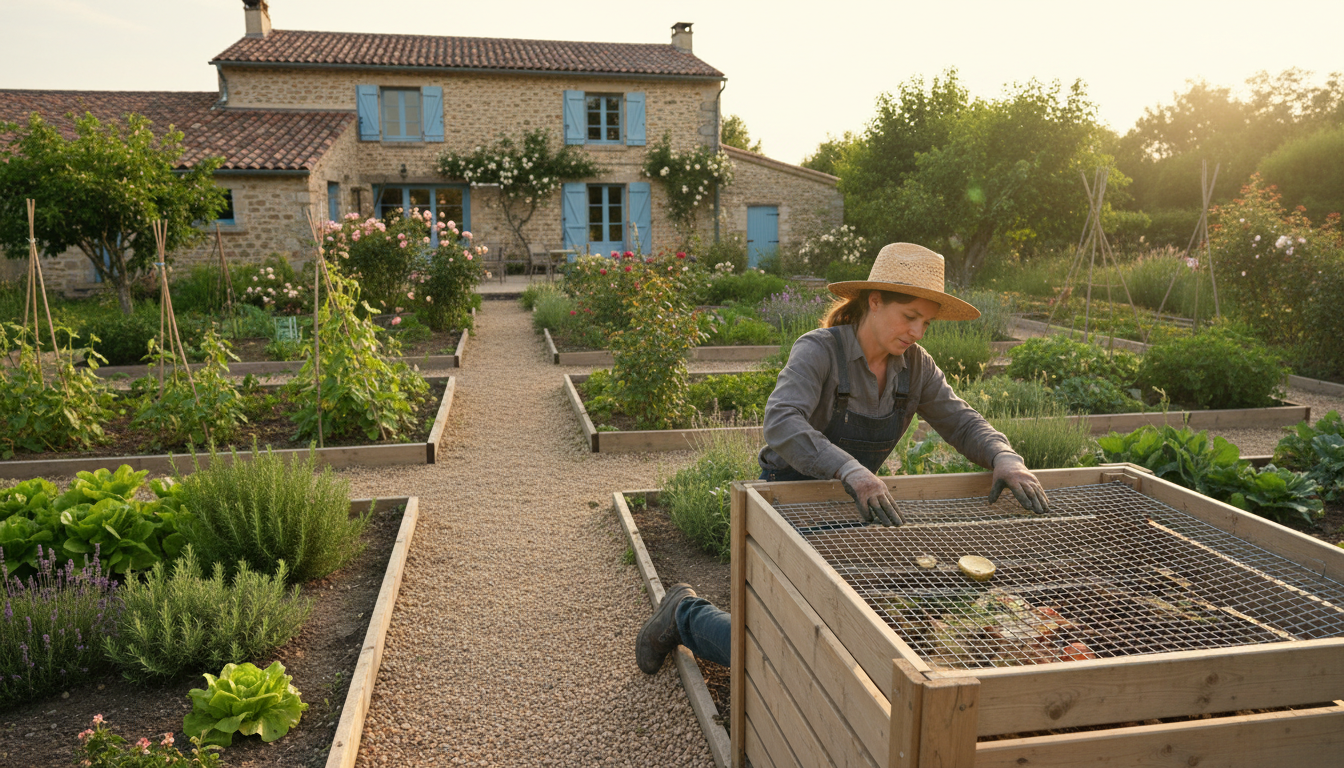 Installation d'un grillage sous un composteur au fond du jardin