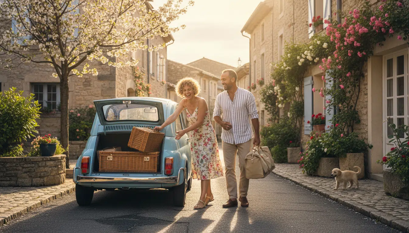 Couple chargeant leur voiture pour un week-end de mai