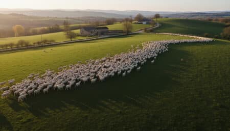 Troupeau de moutons blancs sur une colline verte