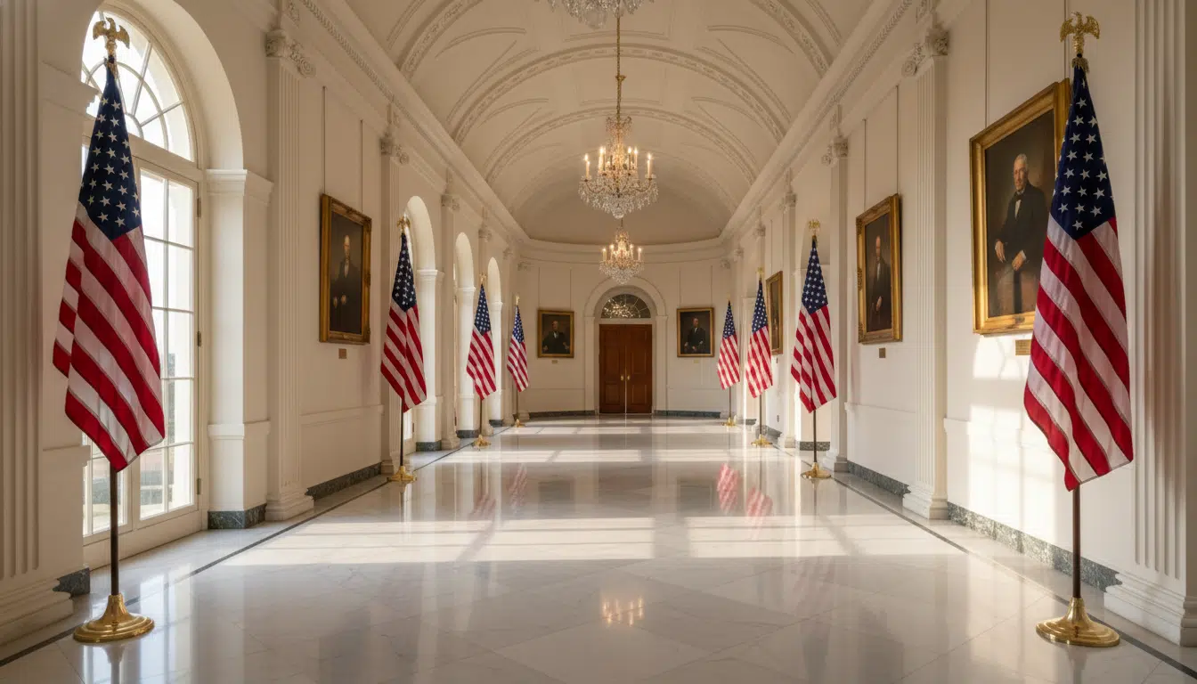 Un long couloir vide de la Maison Blanche baigné d'une lumière dorée, drapeaux américains visibles, ambiance solennelle