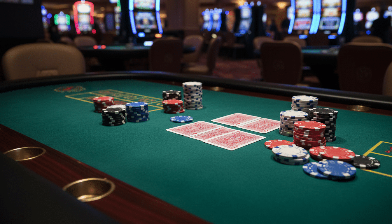 Table de poker avec cartes retournées et jetons éparpillés, illustrant la métaphore du bluff attribuée à Donald Trump