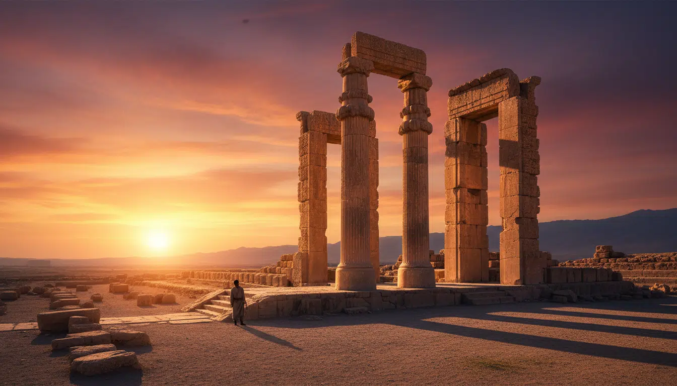 Ruines de Persépolis sous un coucher de soleil dramatique
