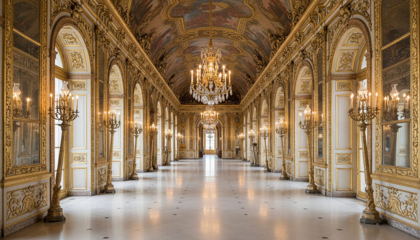 Grand couloir de palais à la française, lustres dorés et lumière chaleureuse, décor élégant évoquant la présidence française