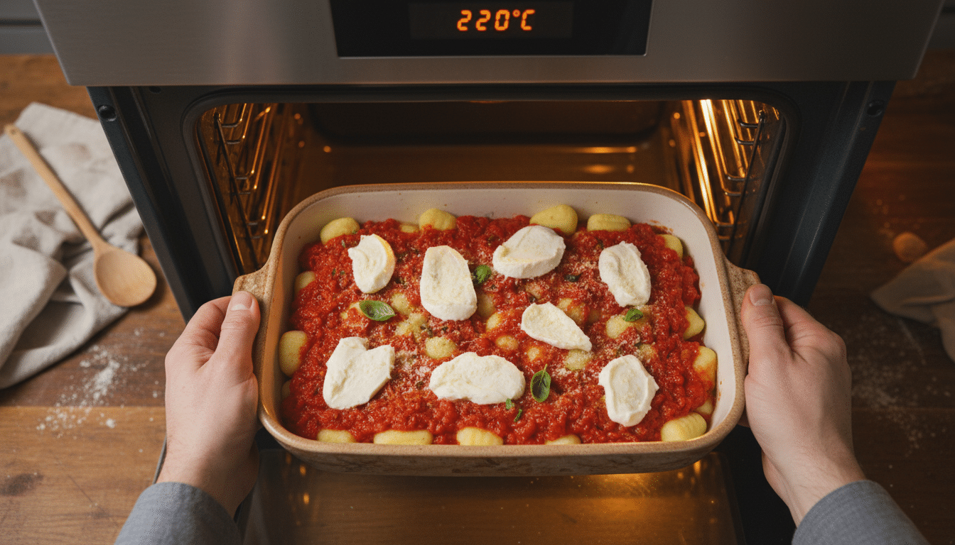 Plat de gnocchis crus avec sauce tomate et mozzarella avant cuisson au four