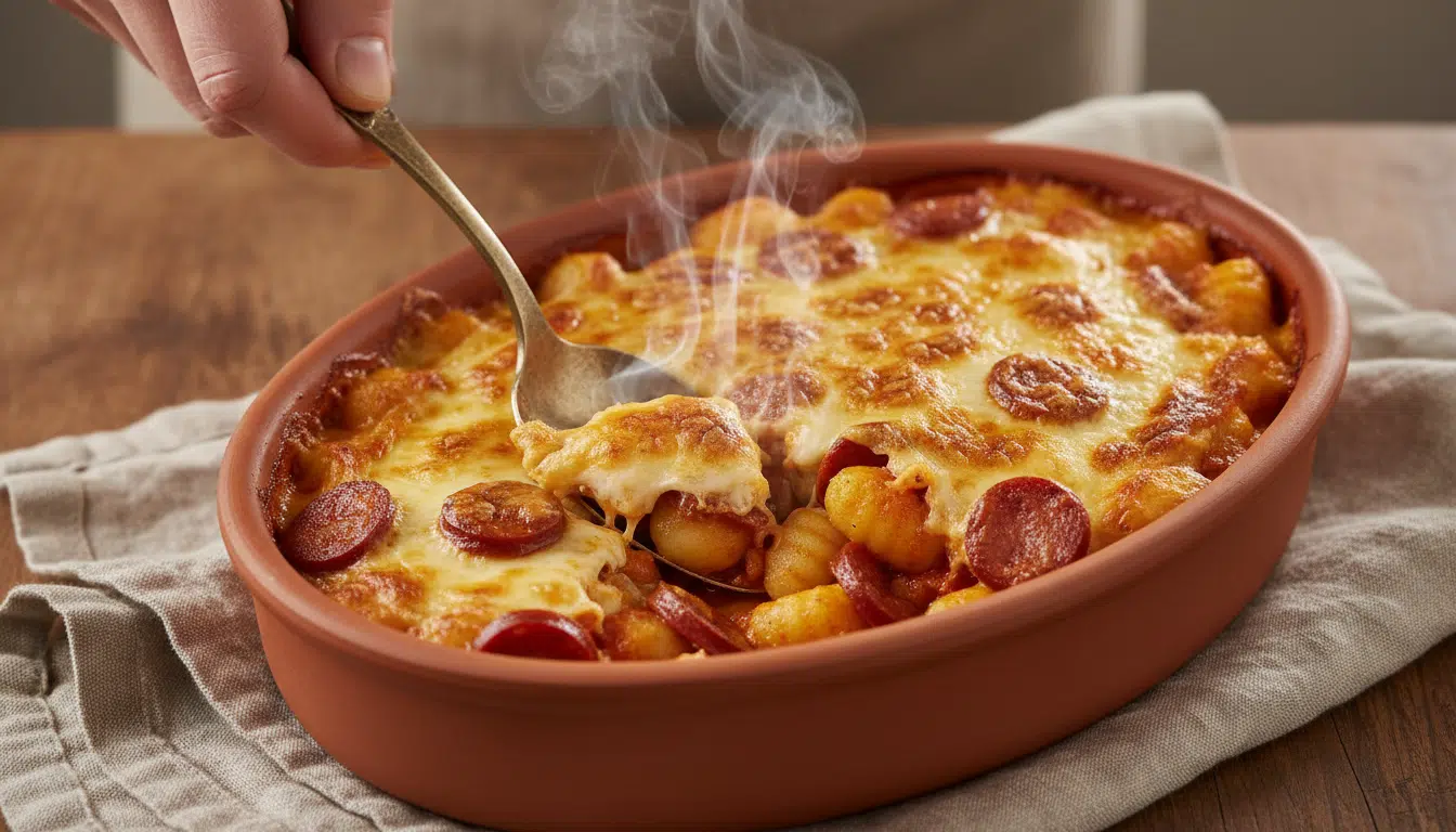 Cuillère brisant la croûte dorée d'un gratin de gnocchis au chorizo