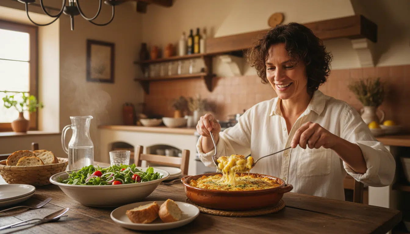 Personne se servant un gratin de gnocchis au four avec salade verte