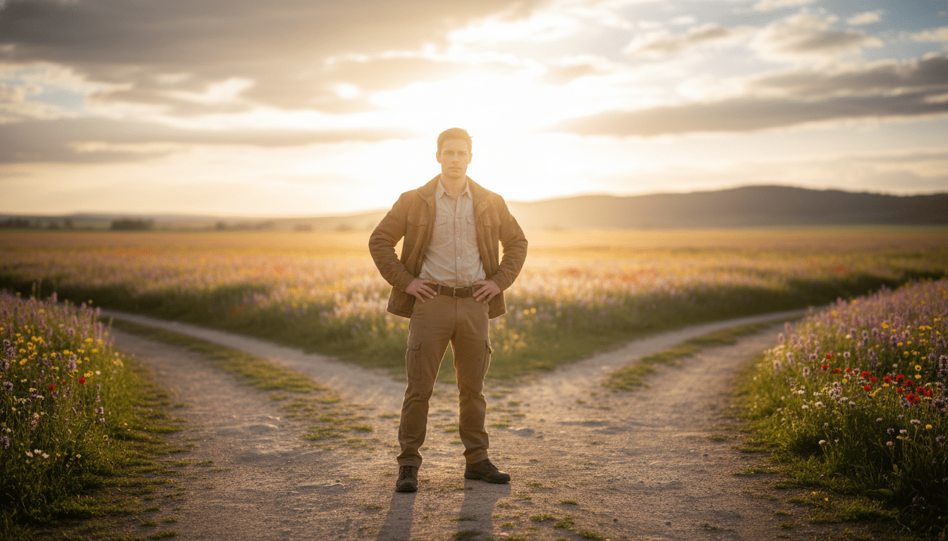 Homme confiant à un carrefour baigné de soleil