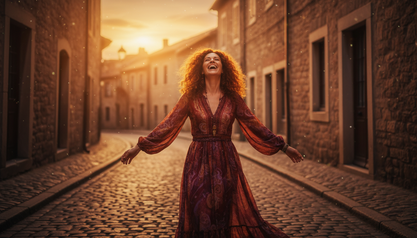 Femme riant librement dans une rue au coucher du soleil