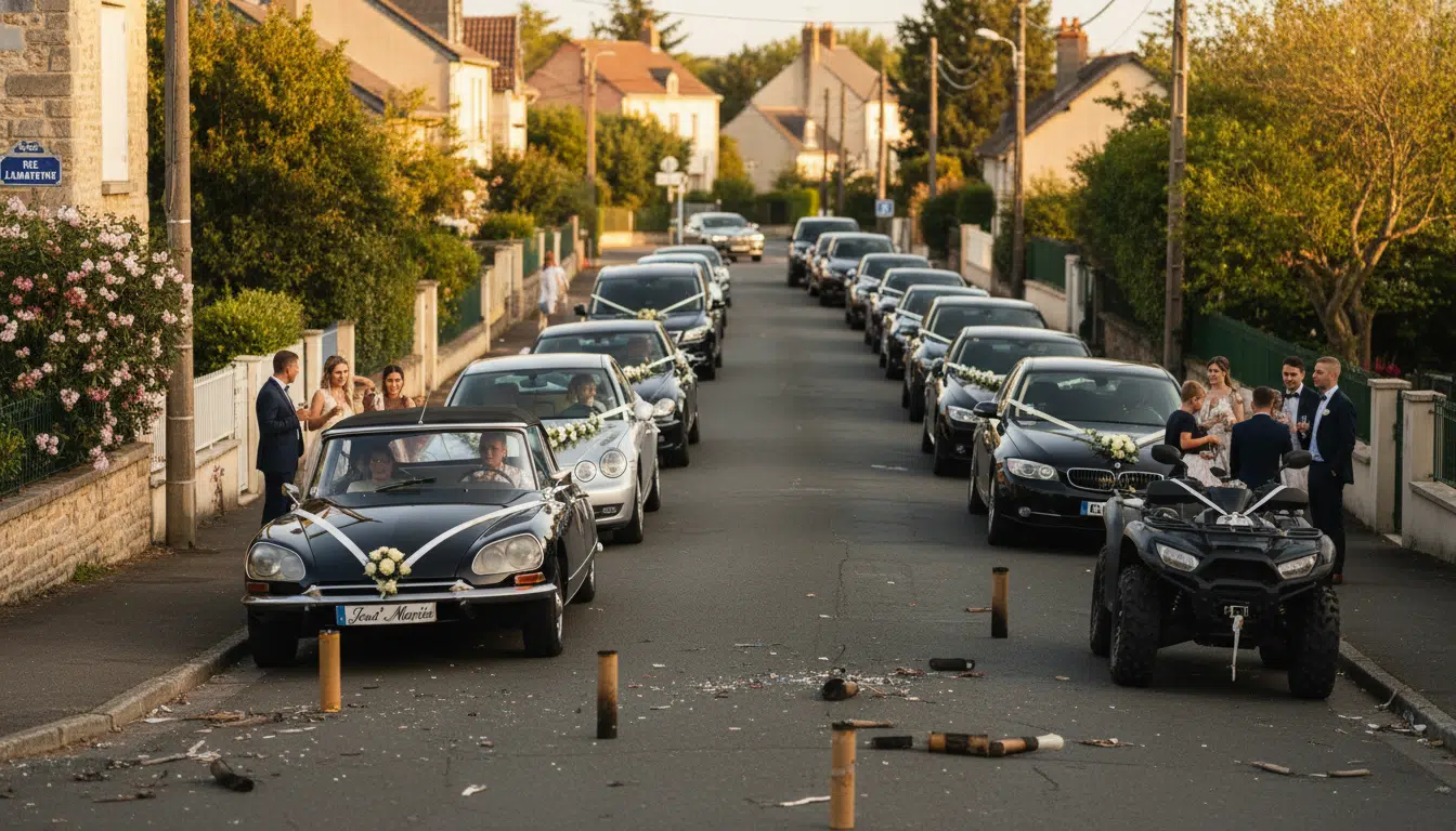 Cortège de mariage avec véhicules et quads à Villeneuve-le-Roi