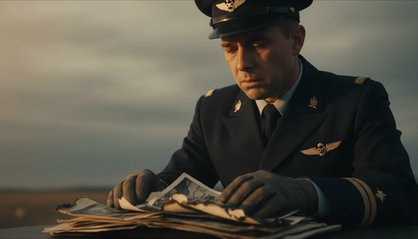 Officier militaire russe examinant des documents après un crash