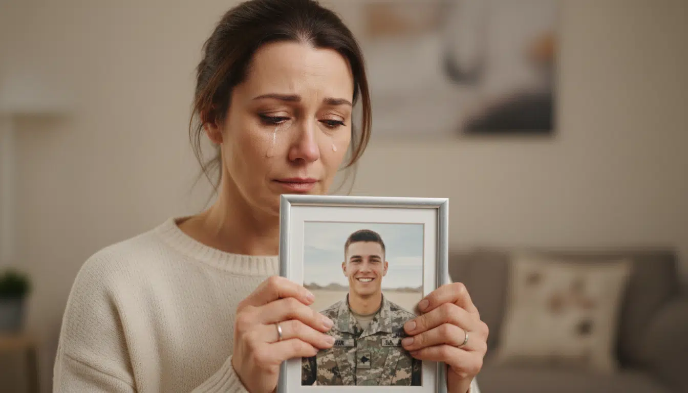Femme tenant la photo d'un militaire disparu