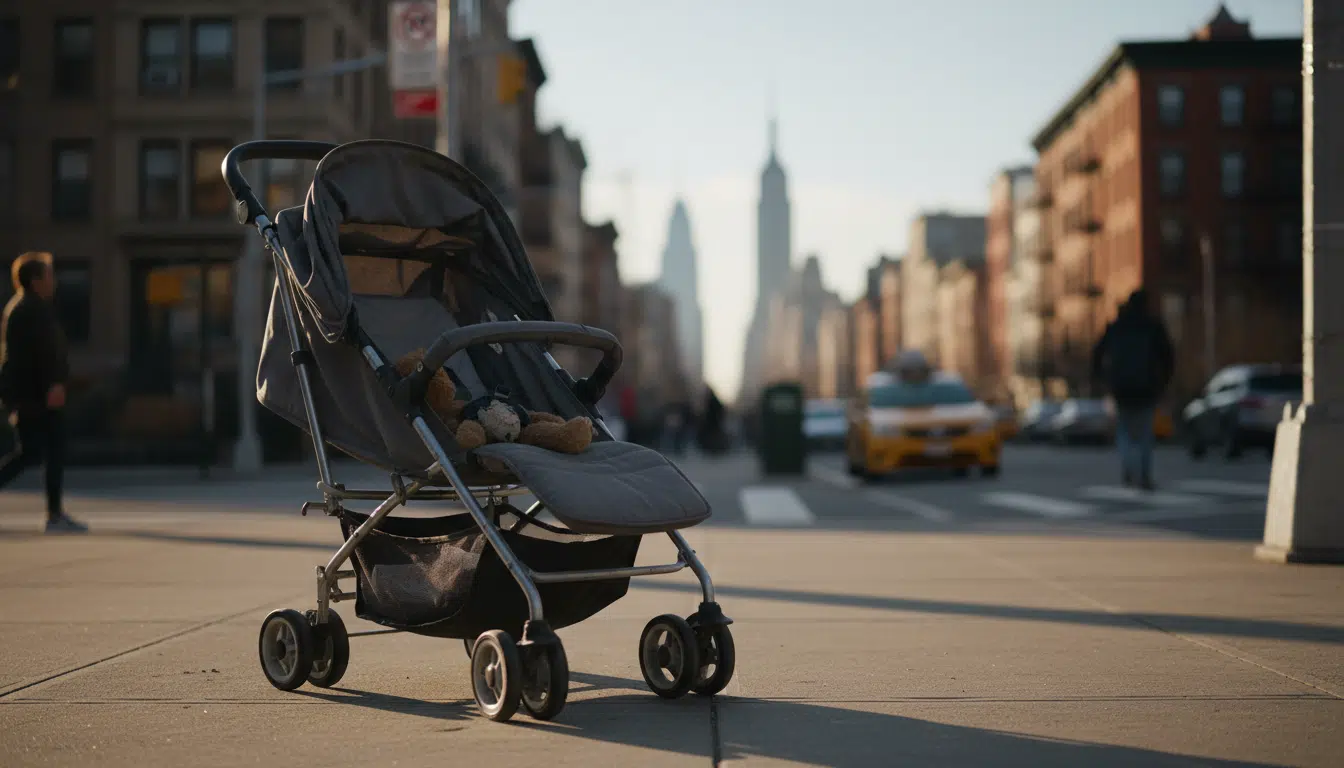 Poussette vide abandonnée sur un trottoir de Brooklyn
