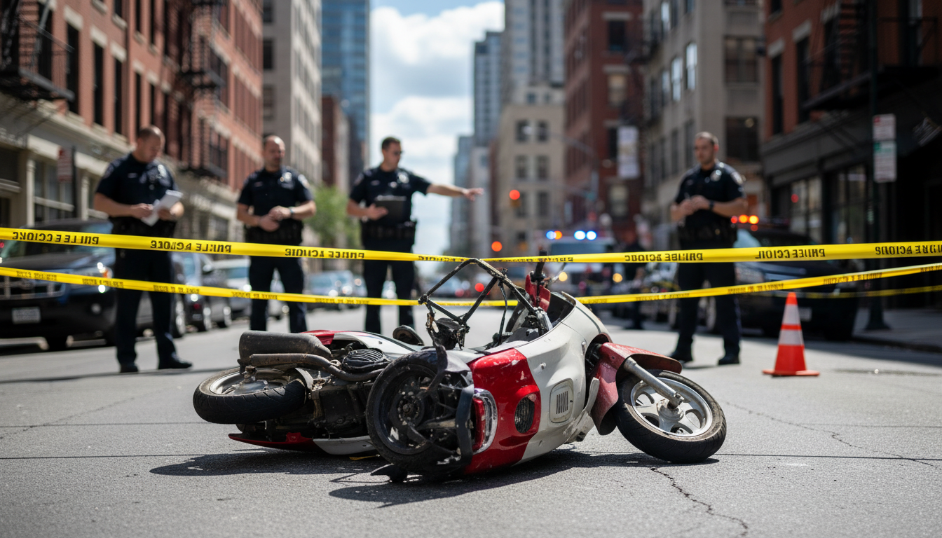 Scooter accidenté entouré de ruban de police