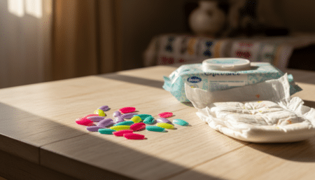 Faux ongles en acrylique posés près d'accessoires pour bébé