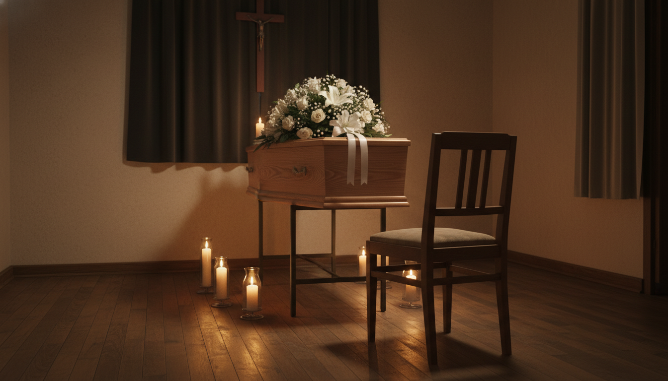 Petit cercueil blanc dans une salle de veillée funèbre