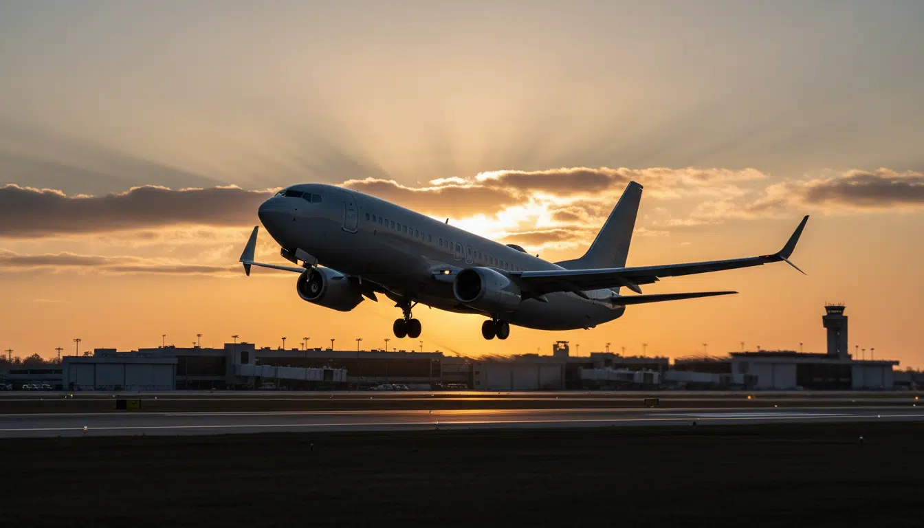 Boeing 737 décollant à l'aube depuis un aéroport