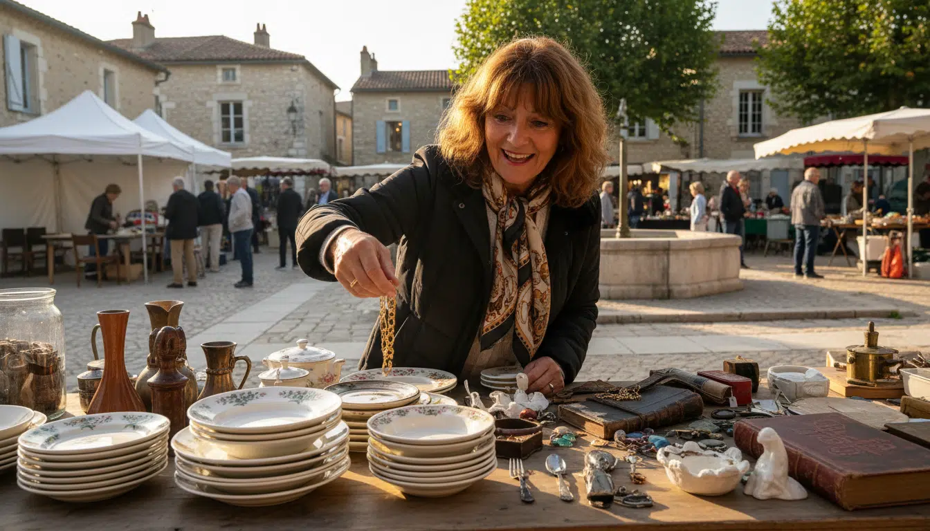 Femme découvrant un bracelet en or au vide-grenier