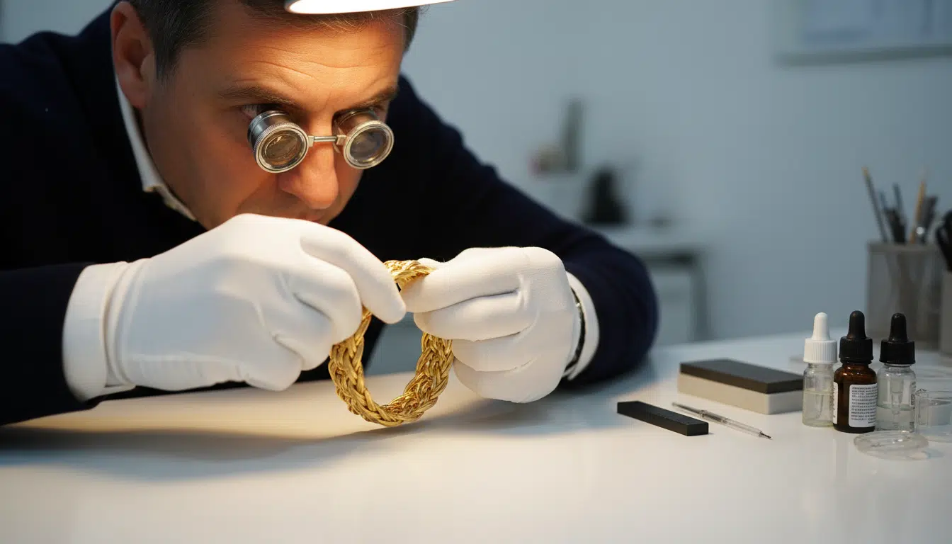 Expert bijoutier examinant un bracelet en or à la loupe