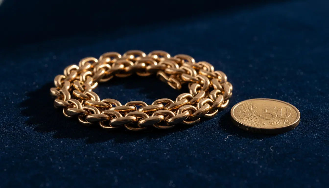 Bracelet en or posé à côté d'une pièce de 50 centimes