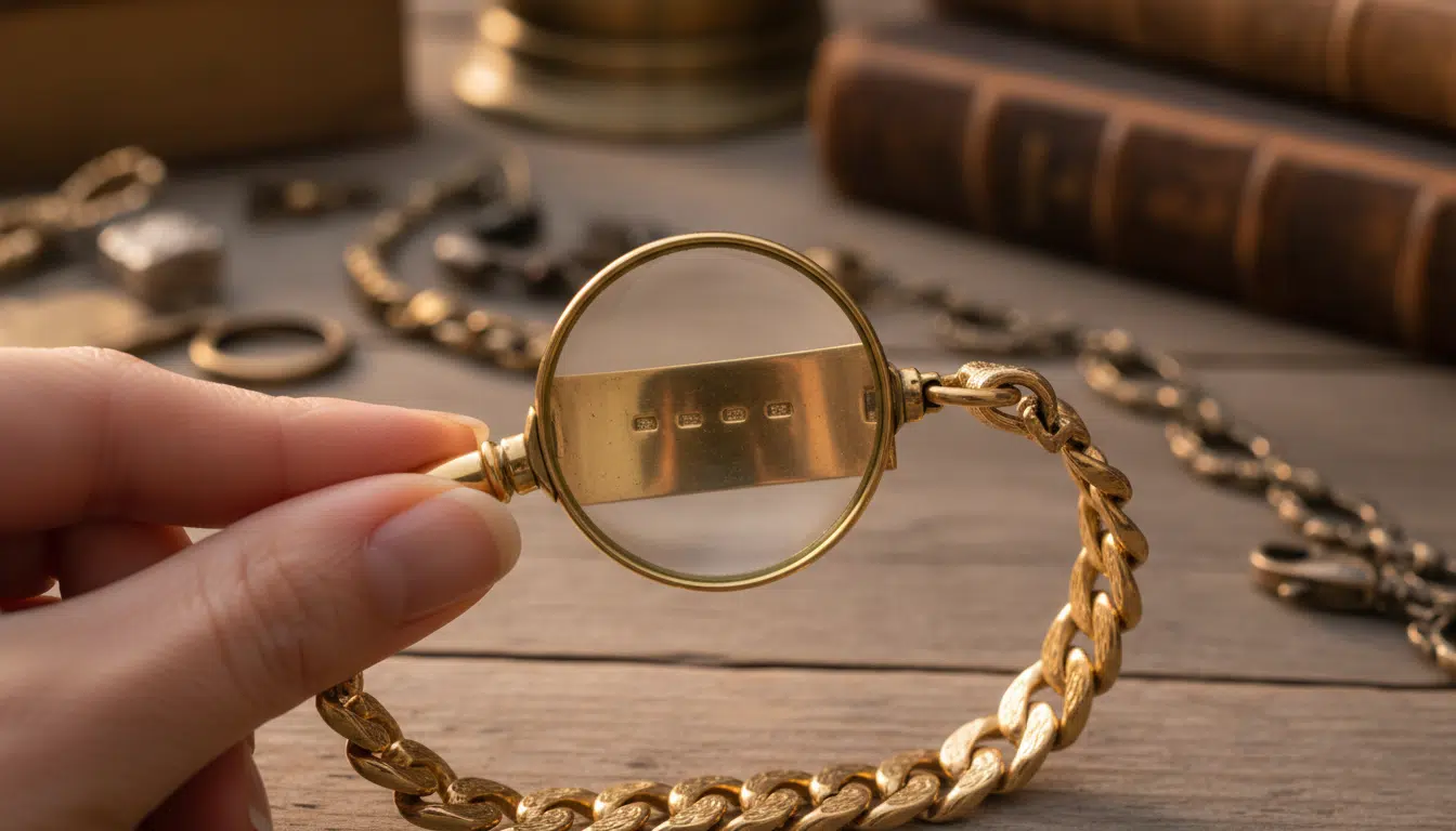 Recherche de poinçon sur un bracelet ancien à la loupe