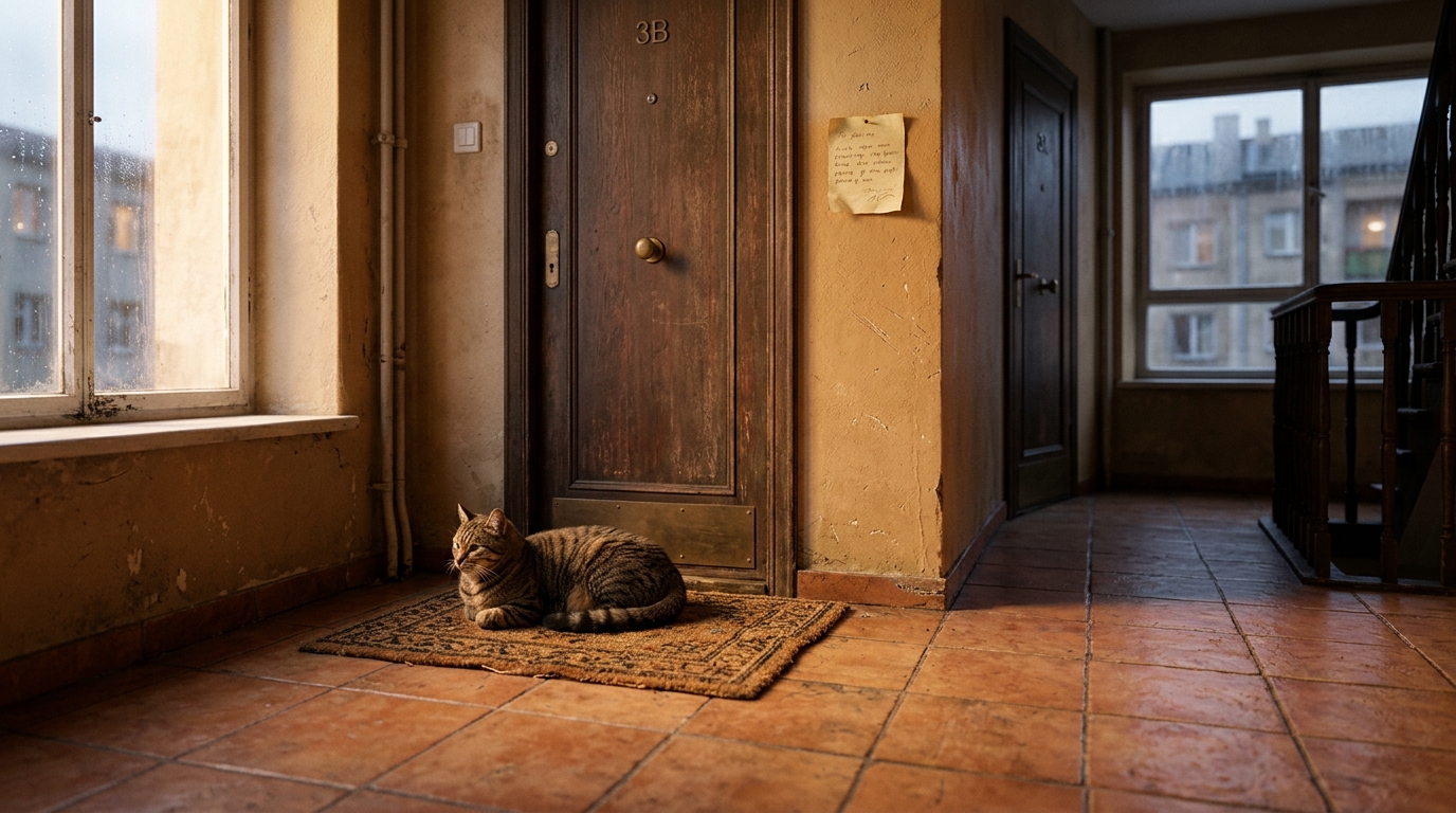Chat tigré couché sur le palier d'un immeuble