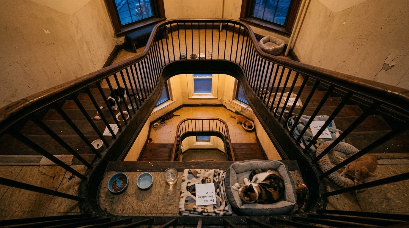 Gamelles et couvertures disposées à chaque étage pour un chat