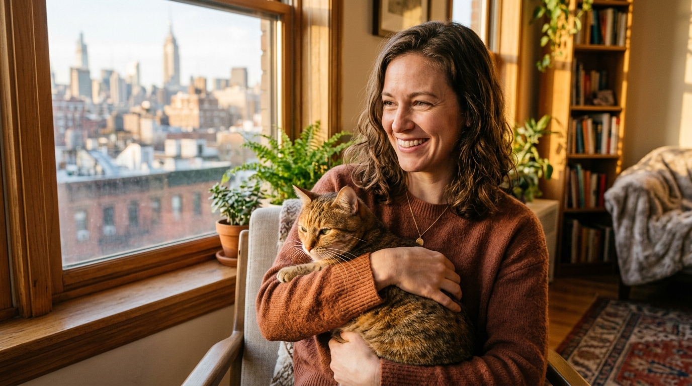 Une habitante accueille le chat tigré dans son appartement
