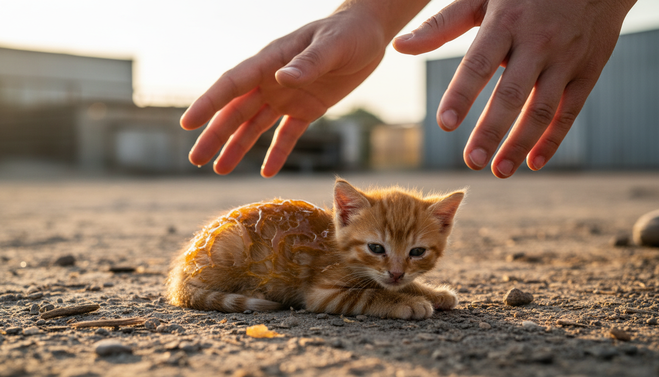 Chaton recouvert de colle industrielle trouvé au Texas