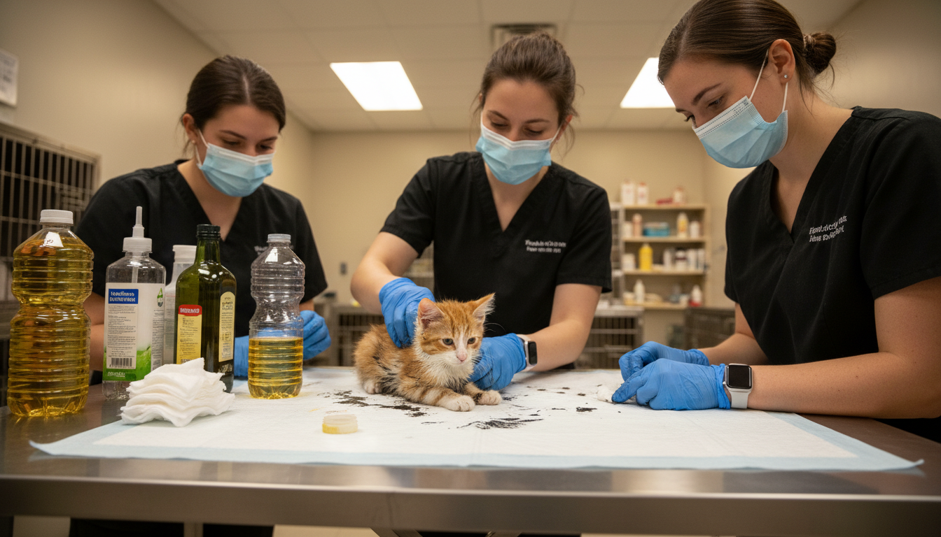Équipe du refuge nettoyant le chaton avec de l'huile de colza