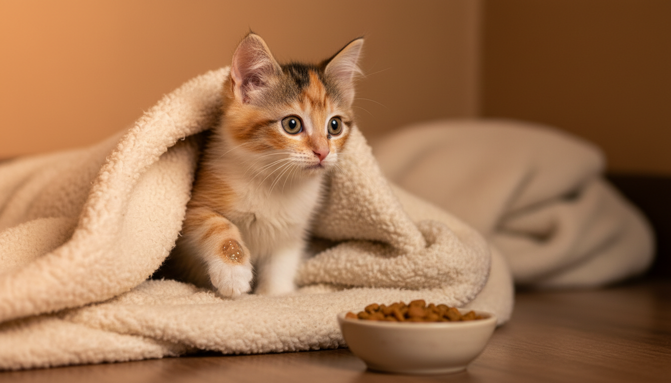 Elmer le chaton rescapé en convalescence au refuge