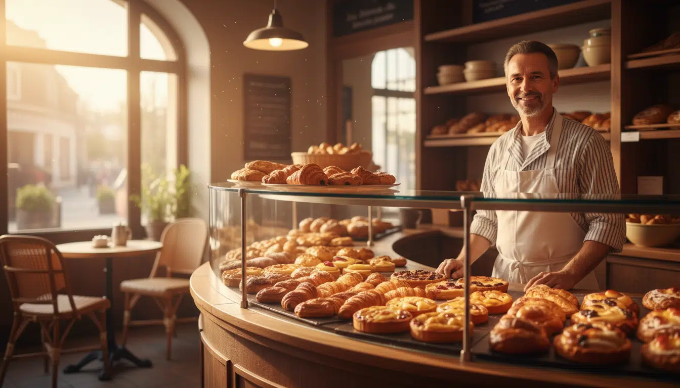 Boulanger souriant derrière son comptoir de viennoiseries