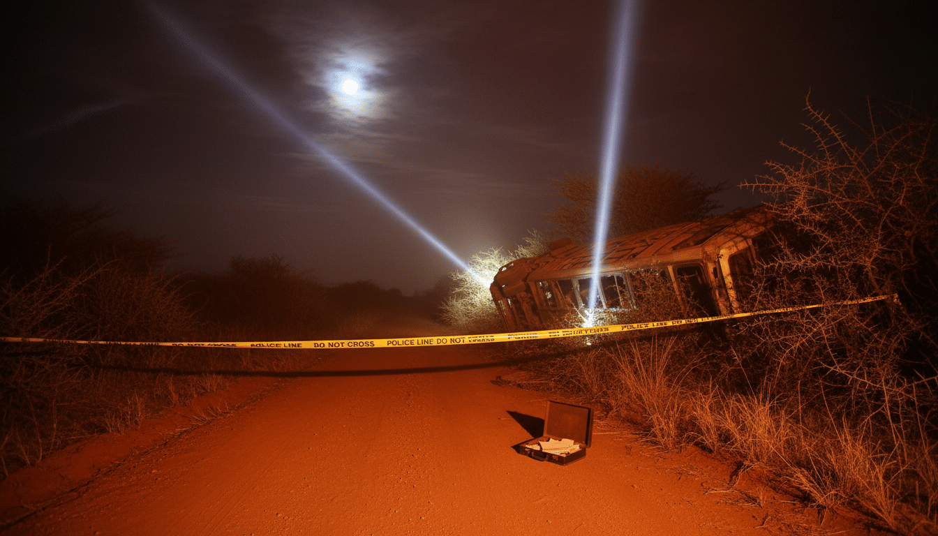 Route rurale sombre au Ghana de nuit avec un bus accidenté dans les buissons et un ruban de police tendu en travers de la route