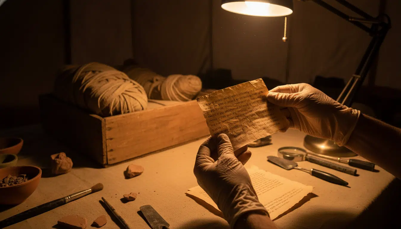 Fragment de papyrus antique de l'Iliade entre les mains d'un archéologue