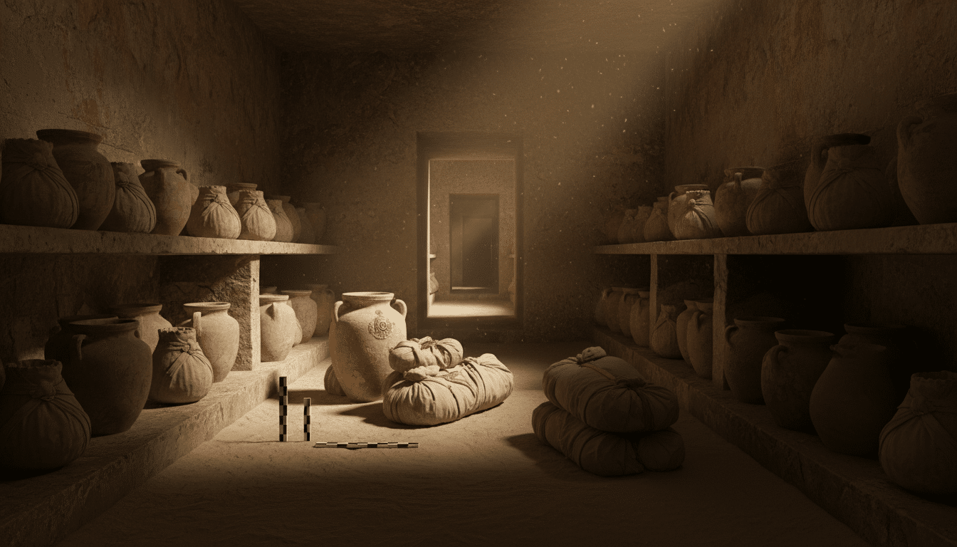 Intérieur d'une chambre funéraire antique avec vases en céramique