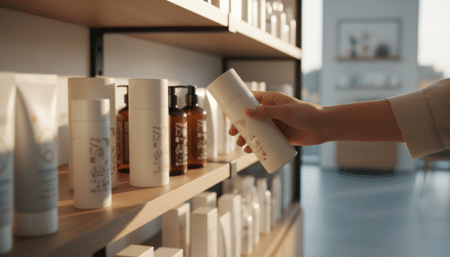 Flacon de gel douche sur une étagère de pharmacie