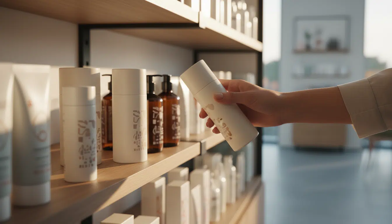 Flacon de gel douche sur une étagère de pharmacie