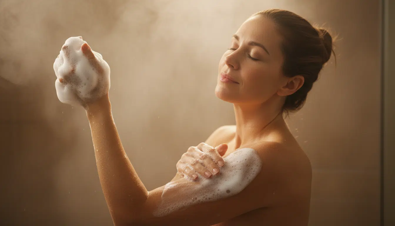 Femme appliquant une mousse crémeuse de gel douche sur sa peau