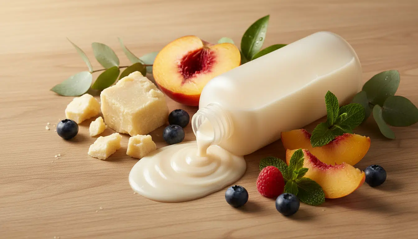 Gel douche crémeux entouré de beurre de karité et fruits frais