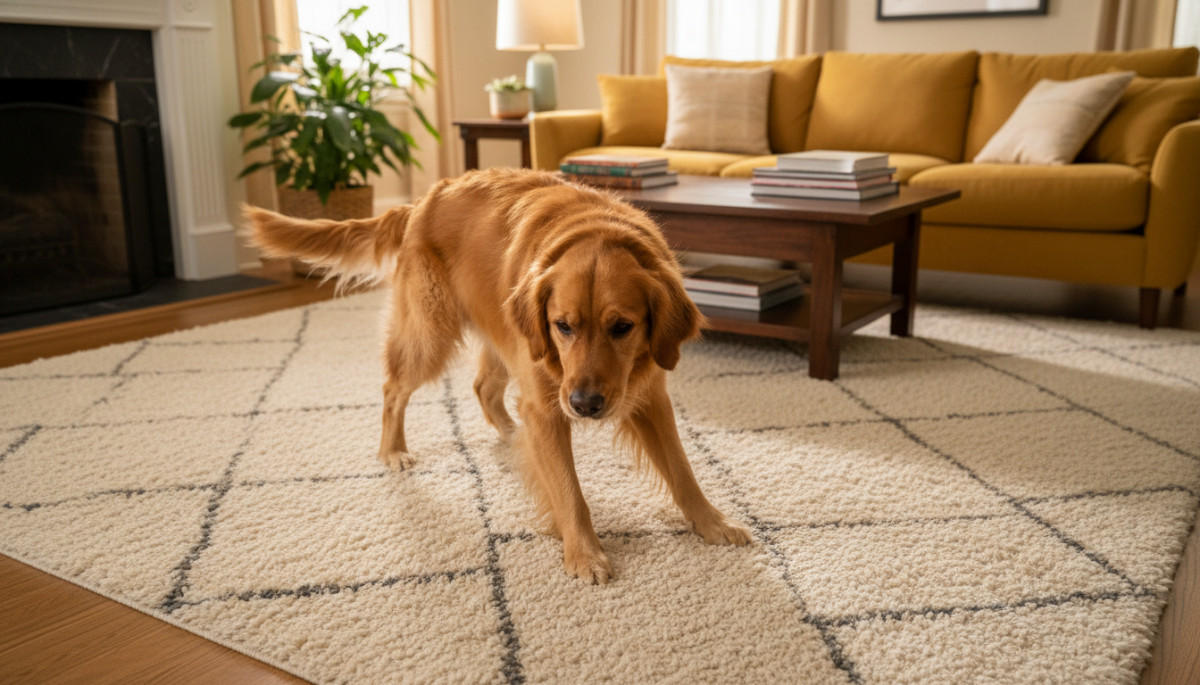 Un golden retriever qui tourne en rond avant de se coucher
