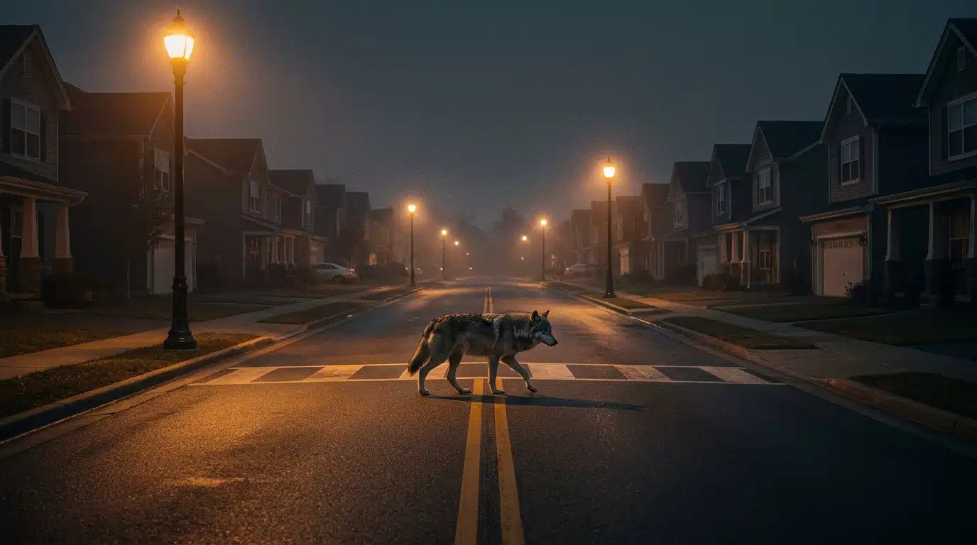 Loup gris marchant dans une rue déserte la nuit