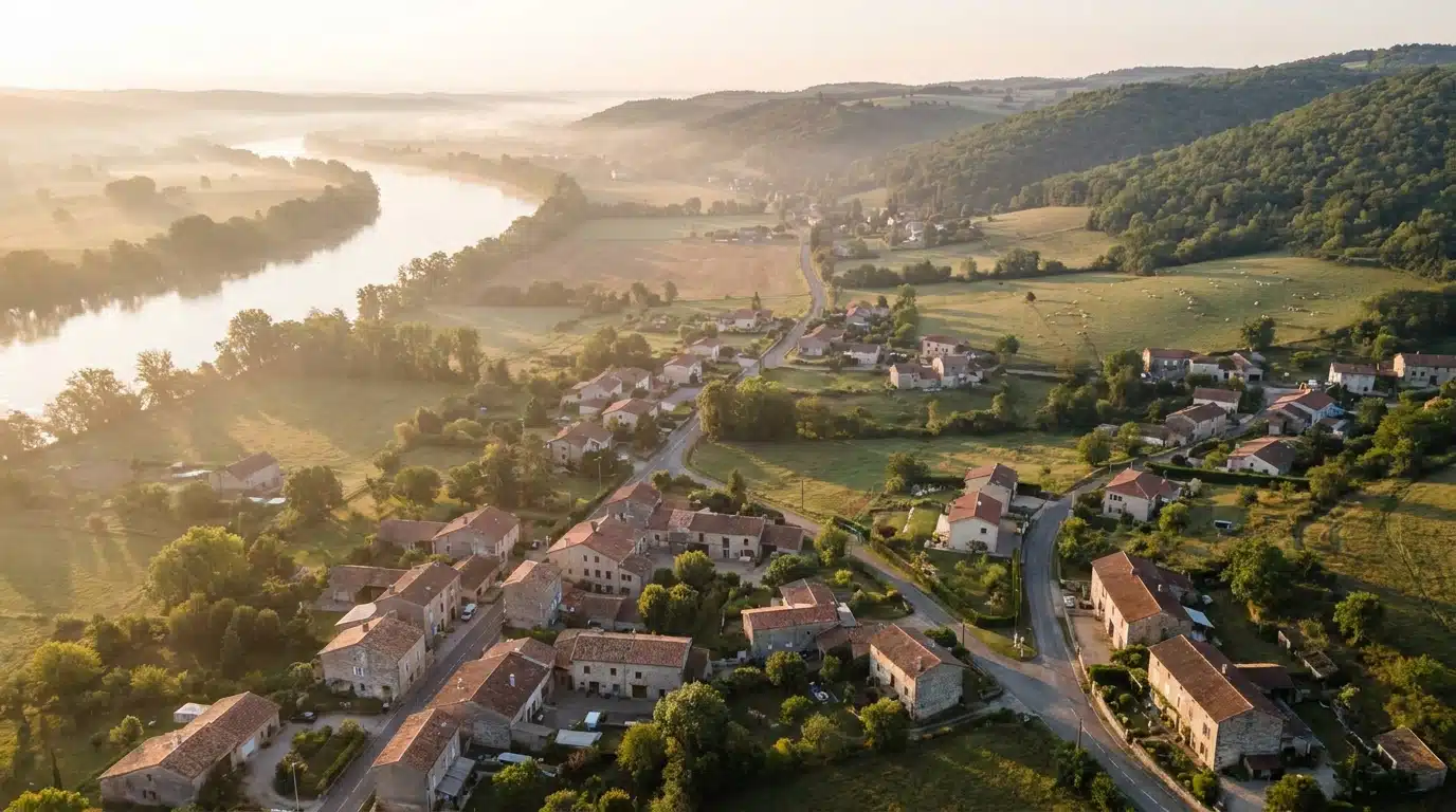 Vue aérienne de Chasse-sur-Rhône entre Rhône et collines