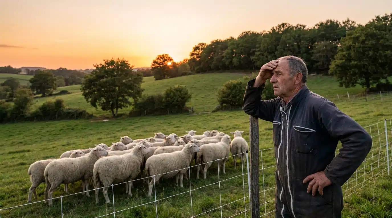 Éleveur inquiet surveillant son troupeau de moutons au crépuscule